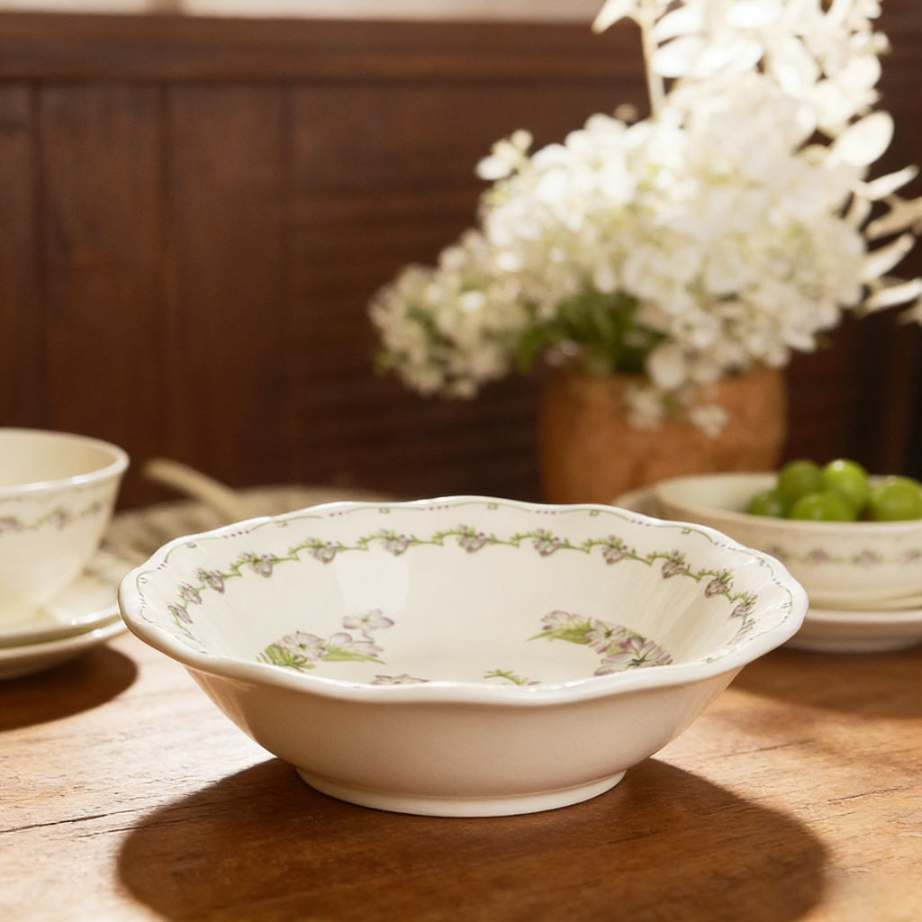 French Vintage Floral Scalloped Ceramic Deep Plate